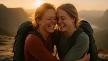 Du draugai kartu švenčia užkopimą į kalno viršūnę — bendri išgyvenimai kaip dovana, pranokstanti materialius daiktus