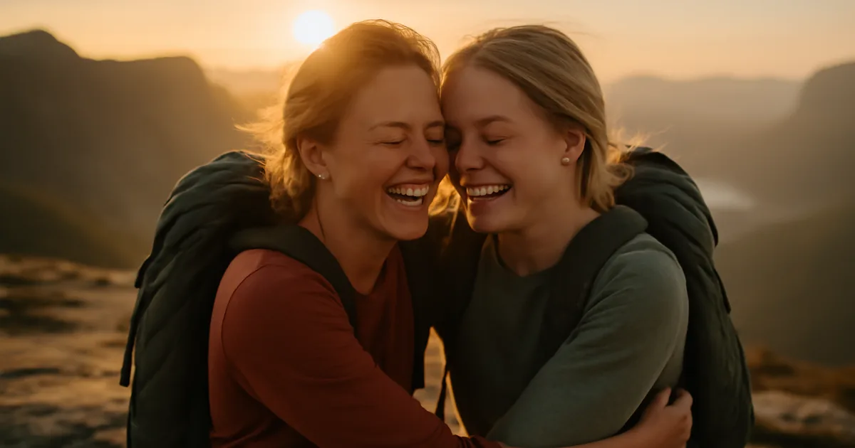 Du draugai kartu švenčia užkopimą į kalno viršūnę — bendri išgyvenimai kaip dovana, pranokstanti materialius daiktus