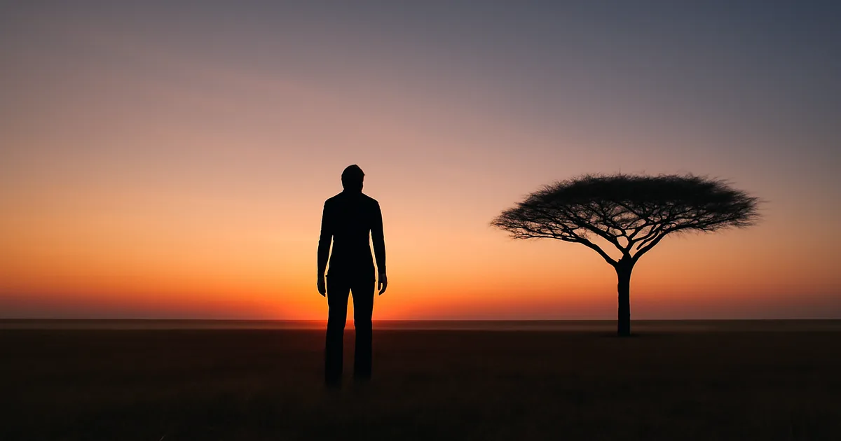 Keliautojas stovi Afrikos savanoje saulėtekio metu — išgyvenimų ir nuotykių transformuojanti galia