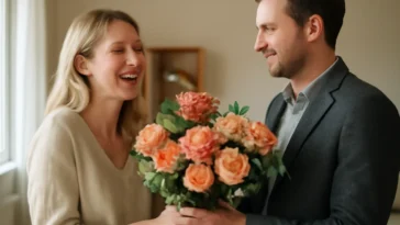 Moteris gauna spalvingą gėlių puokštę iš vyro – vaizdas iliustruoja emocinį gėlių dovanojimo poveikį