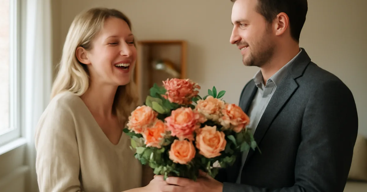 Moteris gauna spalvingą gėlių puokštę iš vyro – vaizdas iliustruoja emocinį gėlių dovanojimo poveikį