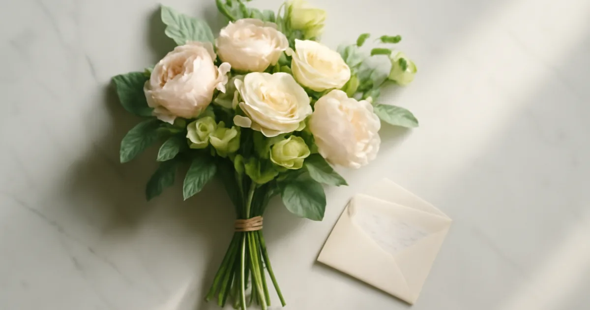 Gėlių puokštė su ranka rašytu laiškeliu ant lygaus paviršiaus – vaizdas vaizduoja apgalvotą gėlių dovanojimą