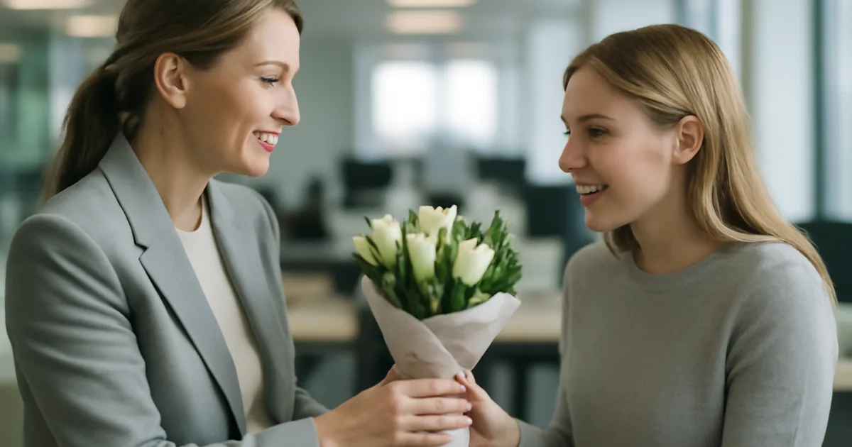 Verslo moteris įteikia gėles kolegei biure – vaizdas rodo gėlių dovanojimą profesinėje aplinkoje