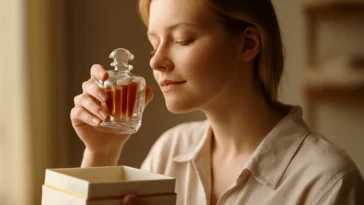Žmogus užmerktomis akimis atidaro kvepiančią dovanų dėžutę — iliustracija, perteikianti galingą ryšį tarp kvapo ir atminties