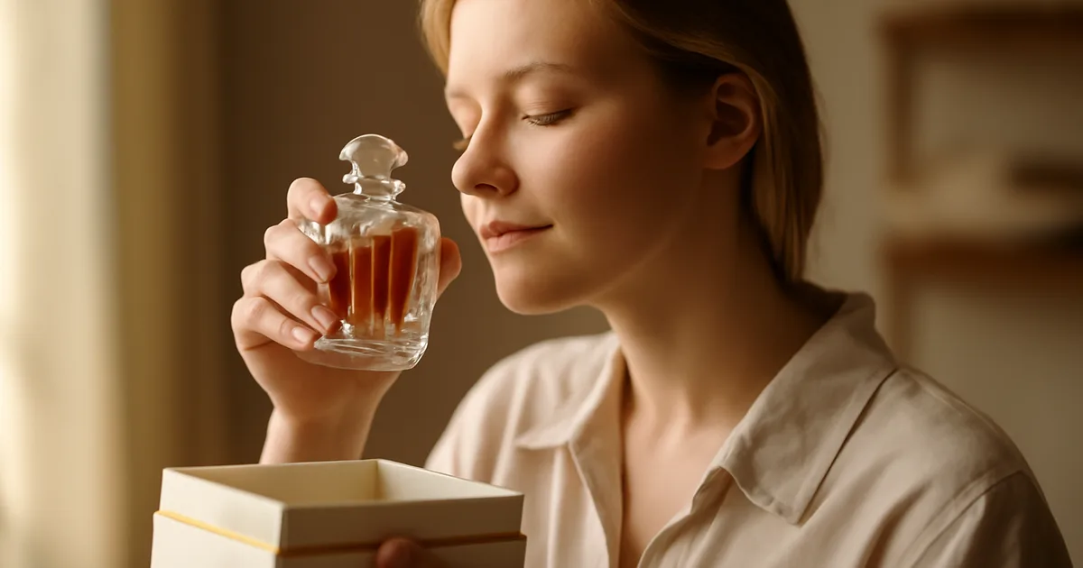 Žmogus užmerktomis akimis atidaro kvepiančią dovanų dėžutę — iliustracija, perteikianti galingą ryšį tarp kvapo ir atminties