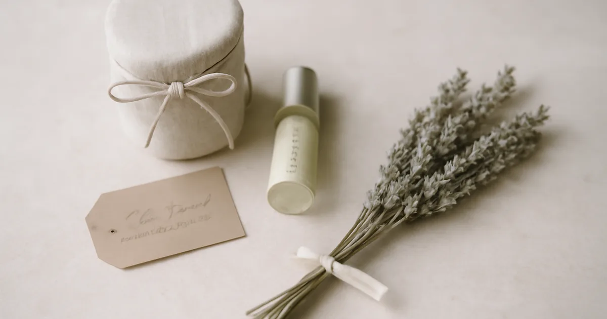 Kruopščiai sudarytas kvapo dovanų rinkinys su žvake ir kvepalų buteliuku — prasmingo dovanojimo, kuriame susipina kvapas ir atmintis, simbolis