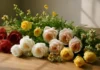 Colourful bouquet of roses and wildflowers on a wooden table illustrating flower psychology and mood