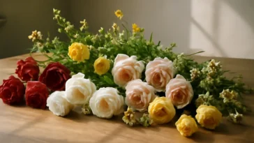 Colourful bouquet of roses and wildflowers on a wooden table illustrating flower psychology and mood