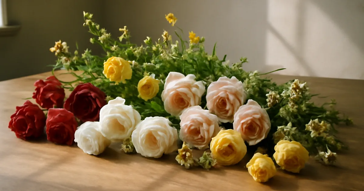 Colourful bouquet of roses and wildflowers on a wooden table illustrating flower psychology and mood