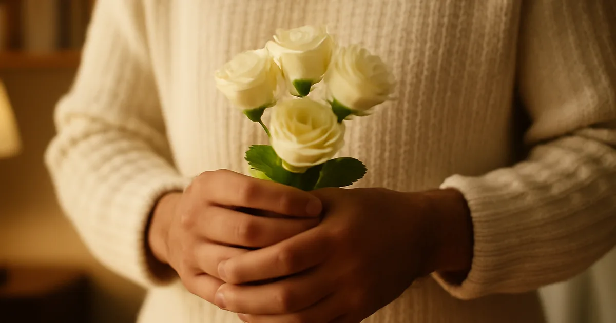 Hands holding white rose bouquet symbolising emotional comfort and the mental health benefits of flowers