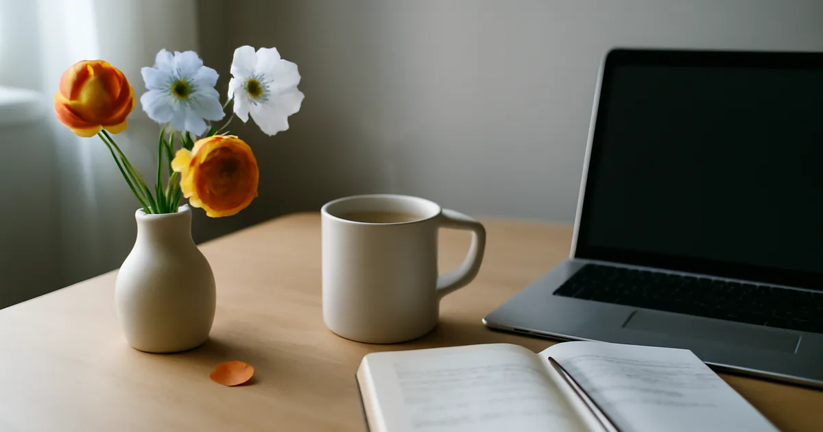 Fresh flowers on a home office desk demonstrating daily stress reduction benefits supported by flower psychology