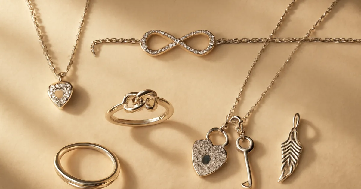 Romantiškų papuošalų simbolių vaizdas iš viršaus: širdies pakabukas, begalybės apyrankė ir meilės mazgo žiedas ant lino audinio