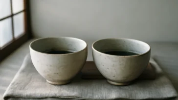 Two ceramic bowls on a linen cloth in soft morning light, evoking the calm of mindful tea drinking