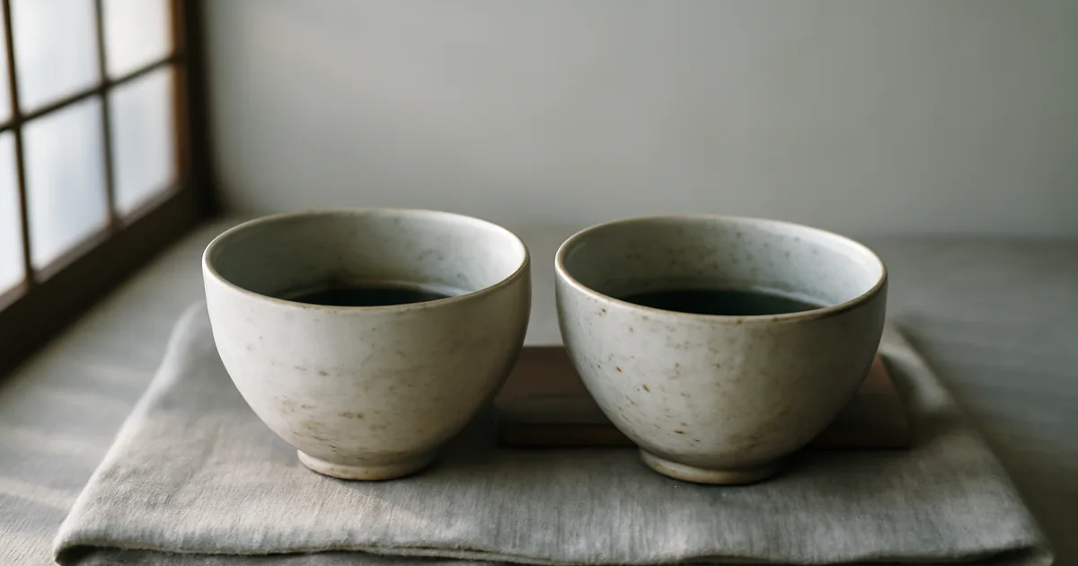 Two ceramic bowls on a linen cloth in soft morning light, evoking the calm of mindful tea drinking
