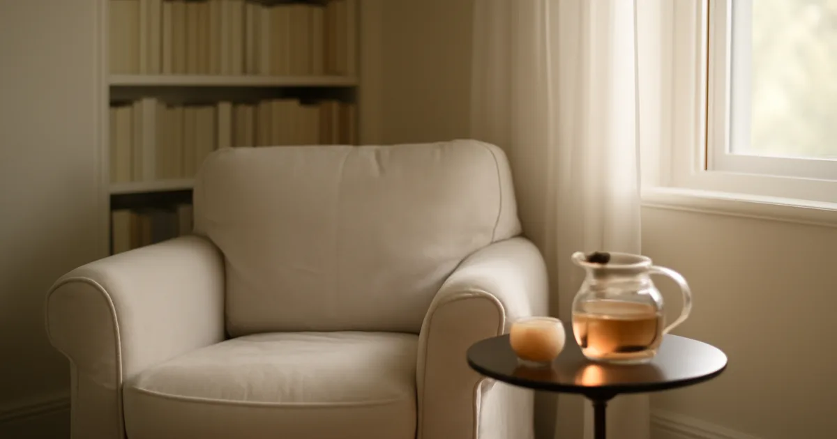 A cosy nook with a glass teapot and candle set up as a dedicated mindful tea drinking space