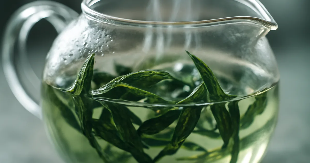 Green tea leaves unfurling in a glass teapot — a visual meditation central to mindful tea drinking