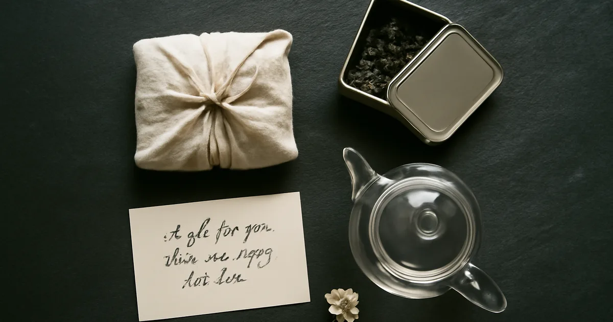A curated mindful tea gift set with loose-leaf tea, a glass teapot and a handwritten note on dark slate