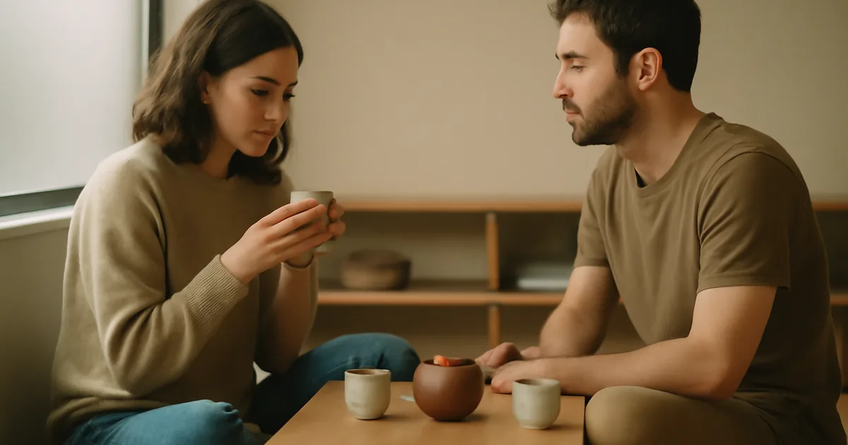 Two people sharing a quiet tea moment together, embodying the communal spirit of mindful tea drinking