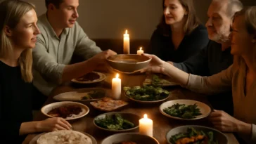 Įvairių tautybių žmonių grupė dalinasi bendru valgiu prie didelio stalo — maistas kaip tiltas tarp skirtingų kultūrų