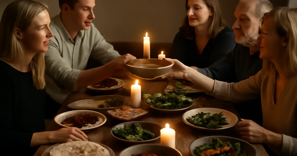 Įvairių tautybių žmonių grupė dalinasi bendru valgiu prie didelio stalo — maistas kaip tiltas tarp skirtingų kultūrų