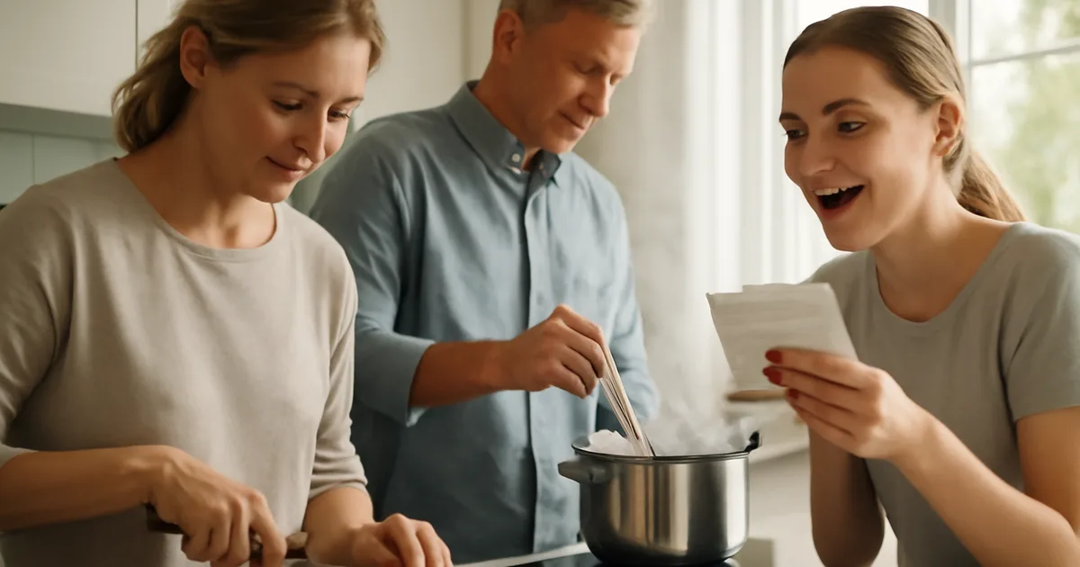 Trys žmonės kartu gamina šviesoje skendančioje virtuvėje — gaminimo patirtis kaip dovana ir būdas kurti ryšius per maistą