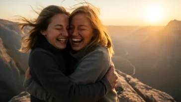 Du draugai džiaugiasi ant kalno viršūnės — tobulas pavyzdys tam, kaip padovanoti nuotykį