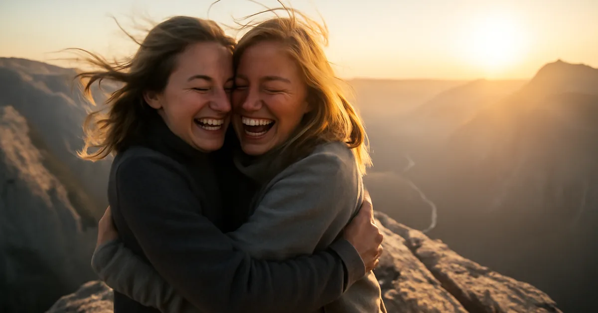 Du draugai džiaugiasi ant kalno viršūnės — tobulas pavyzdys tam, kaip padovanoti nuotykį