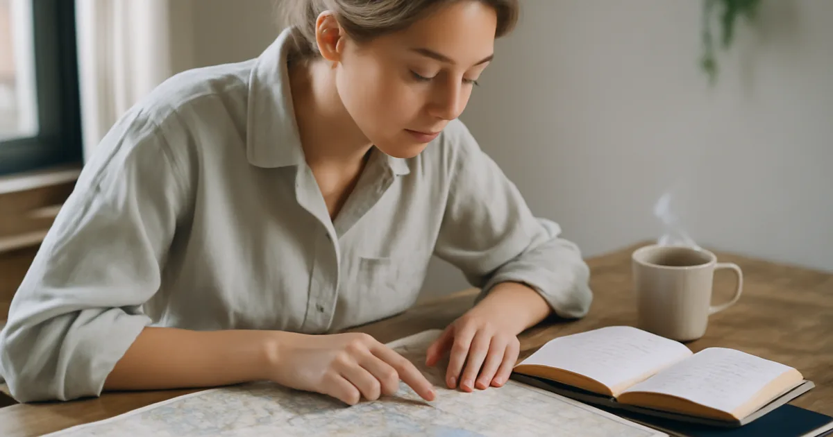 Žmogus planuoja nuotykių dovaną prie stalo su žemėlapiais ir dienoraščiu — nuotykio dovanojimas prasideda nuo gavėjo pažinimo