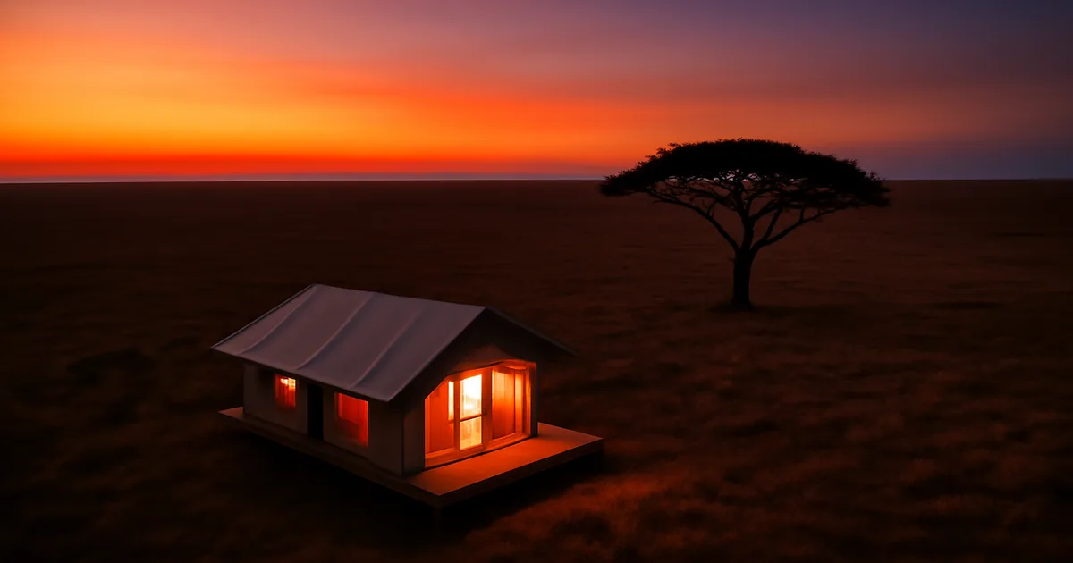 Prabangus glamping safario palapinė Afrikos savanoje sutemų metu — nepamirštama nuotykių dovanos patirtis