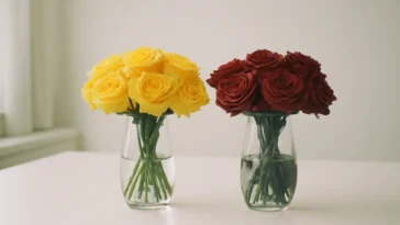 Geltonų ir raudonų gėlių puokštės ant stalo, iliustruojančios gėlių spalvų poveikio savijautai tyrimus