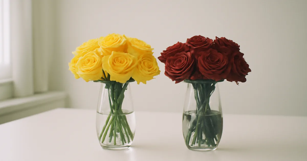 Geltonų ir raudonų gėlių puokštės ant stalo, iliustruojančios gėlių spalvų poveikio savijautai tyrimus