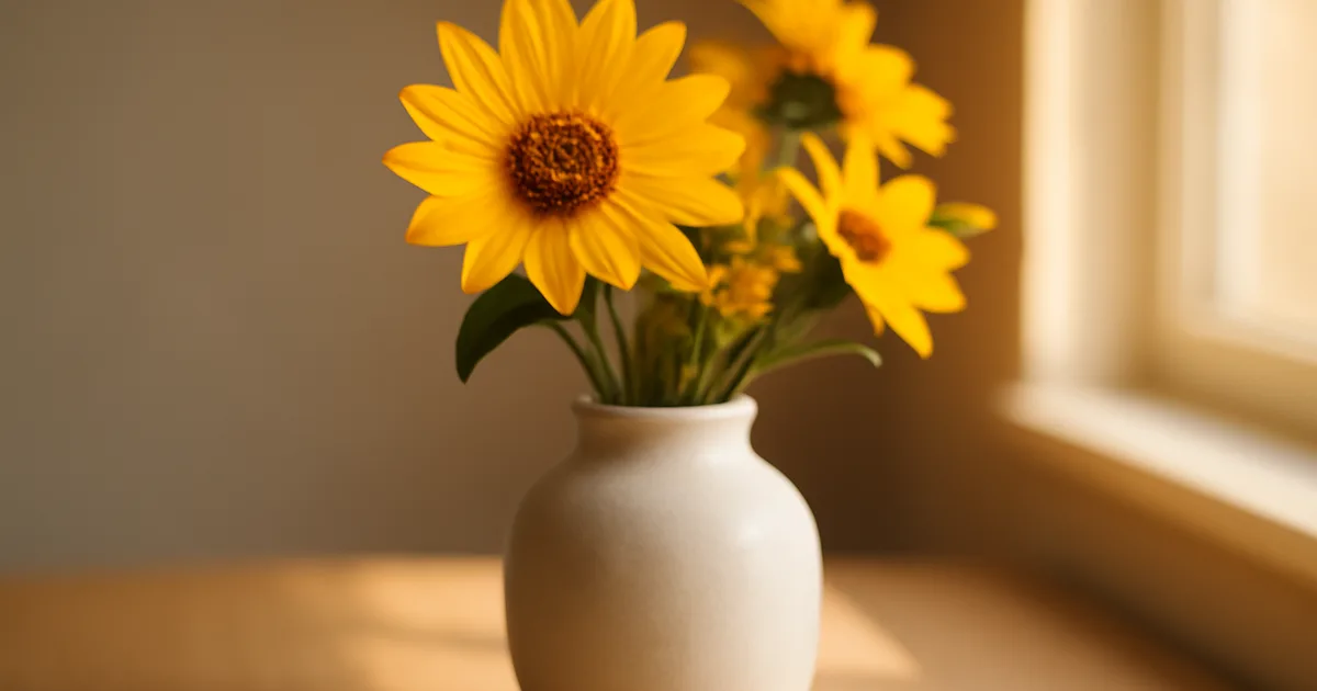 Geltona gėlių kompozicija prie lango — optimali padėtis gėlių spalvų poveikiui savijautai