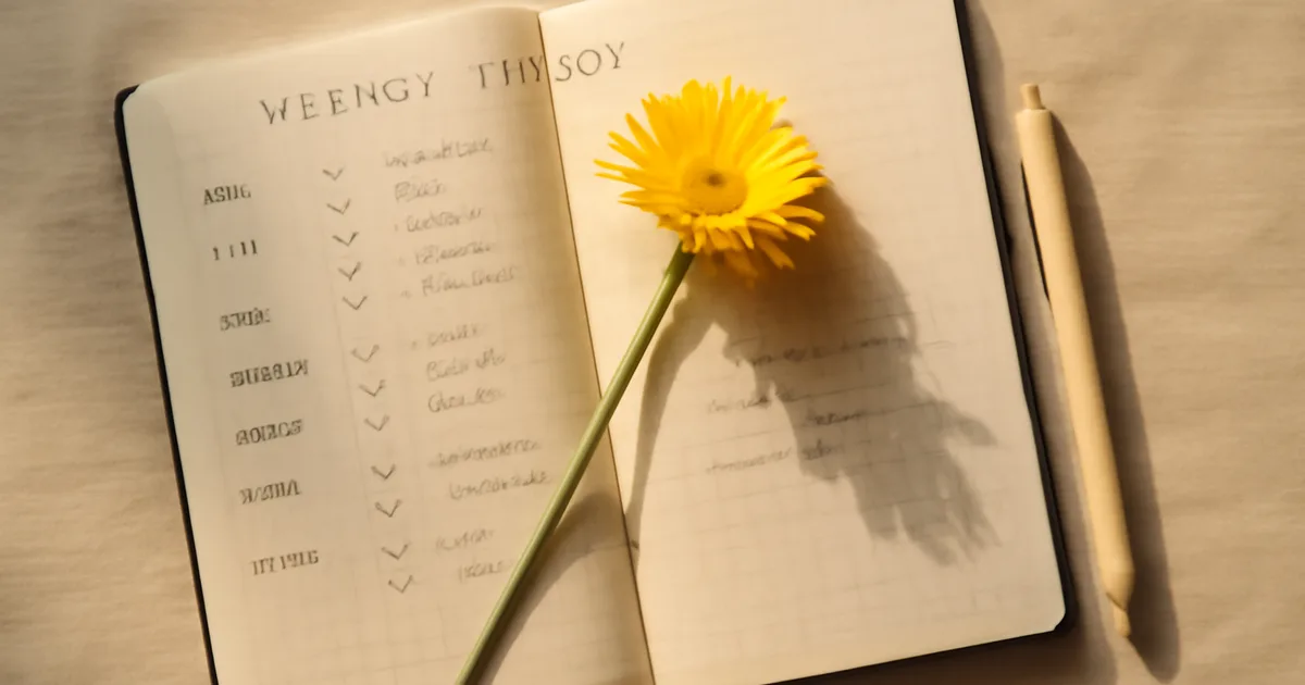 Nuotaikos stebėjimo dienoraštis šalia geltonos gėlės — gėlių spalvų poveikio savijautai sekimo priemonė