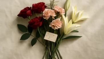 Mišri puokštė su raudonomis rožėmis, rožiniais gvazdikais ir rozmarinu, atskleidžianti gėlių reikšmes dovanojimui