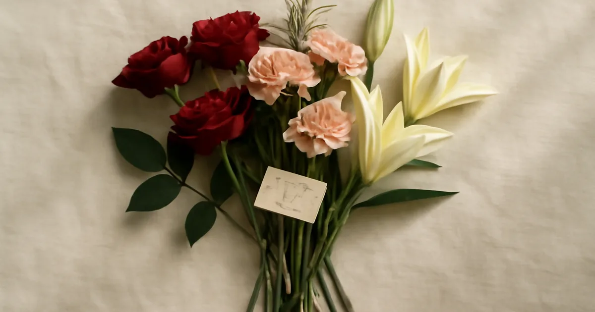 Mišri puokštė su raudonomis rožėmis, rožiniais gvazdikais ir rozmarinu, atskleidžianti gėlių reikšmes dovanojimui