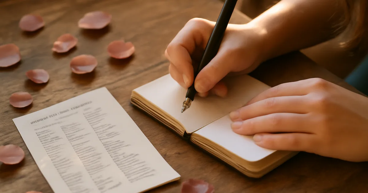 Žmogus sąsiuvinyje užrašo gėlių dovanojimo ketinimus šalia floriografijos gėlių reikšmių lentelės
