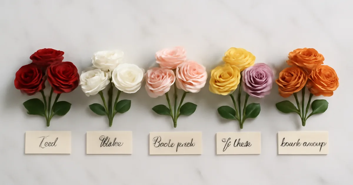Šešios rožių spalvos viena šalia kitos, vaizduojančios skirtingas gėlių spalvų reikšmes dovanojimui — raudoną, baltą, geltoną ir kitas