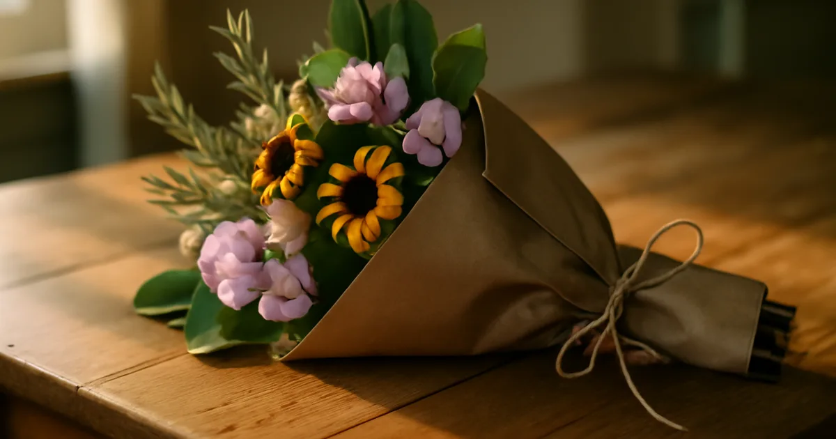 Amatininko stiliaus žolelių ir laukinių gėlių puokštė su rozmarinu ir kvapniaisiais žirniukais, iliustruojanti individualizuotas gėlių reikšmes dovanojimui