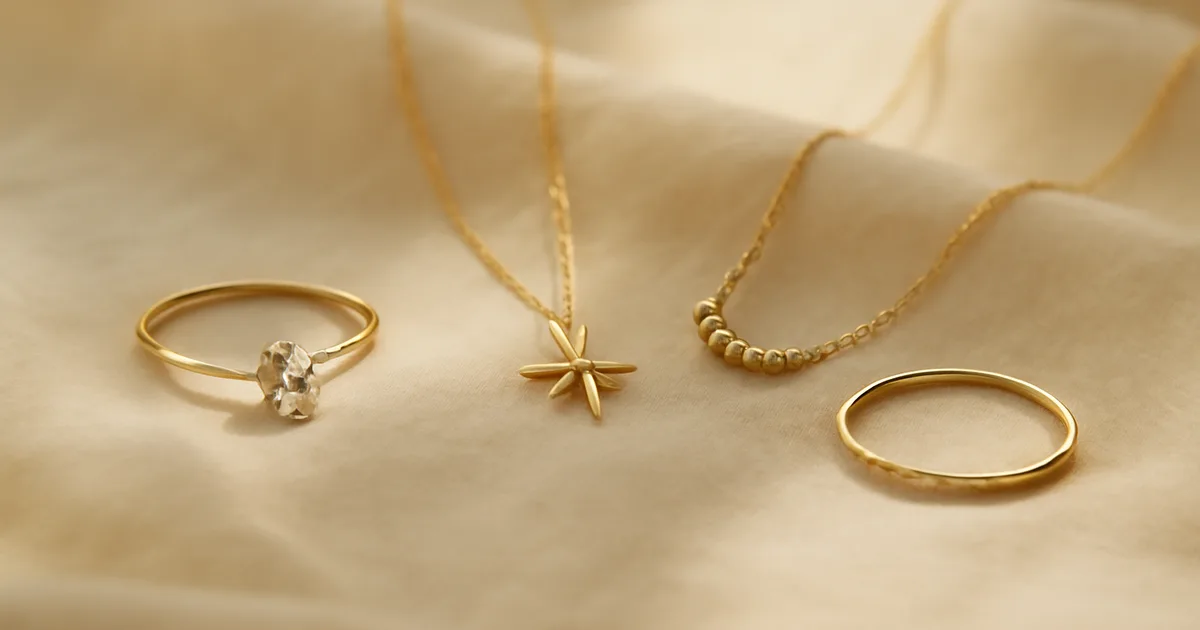 Simbolinių papuošalų dovanų kompozicija: deimantinis žiedas, šiaurinės žvaigždės pakabukas ir kelionės pakabukas ant kreminės lino medžiagos