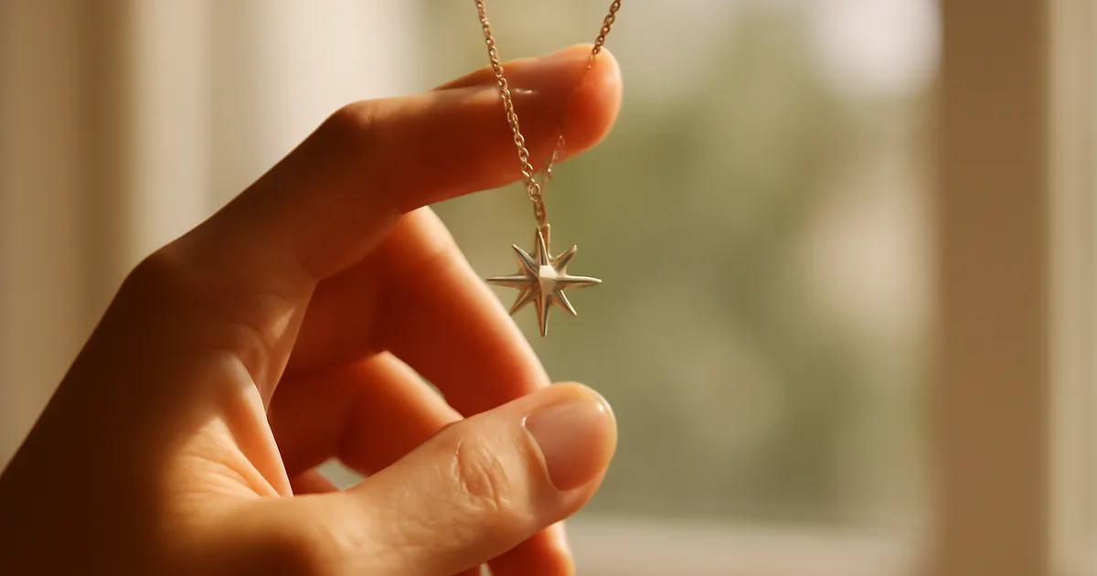 Moteris laiko deimantinį šiaurinės žvaigždės pakabuką prie lango šviesos — klasikinė simbolinė papuošalų dovana