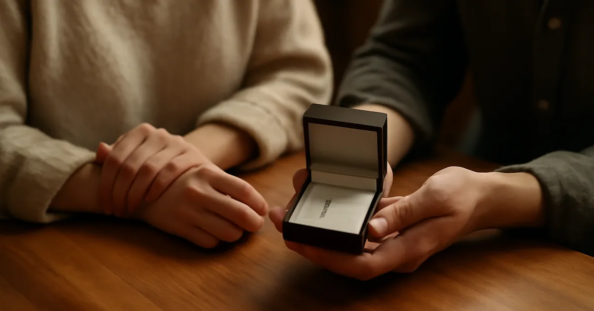 Žmogus įteikia simbolinę papuošalų dovaną atviroje dėžutėje — prasmingo dovanojimo akimirka