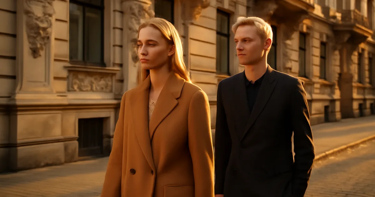 Stilinga pora vaikšto pro Art Nouveau architektūrą Rygoje, Latvijoje, Fashion Waves Latvia 2025 metu