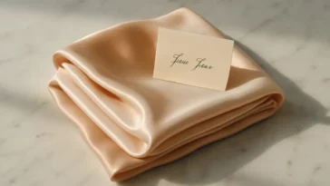 A folded silk scarf in peach tones with a gift card on white marble surface
