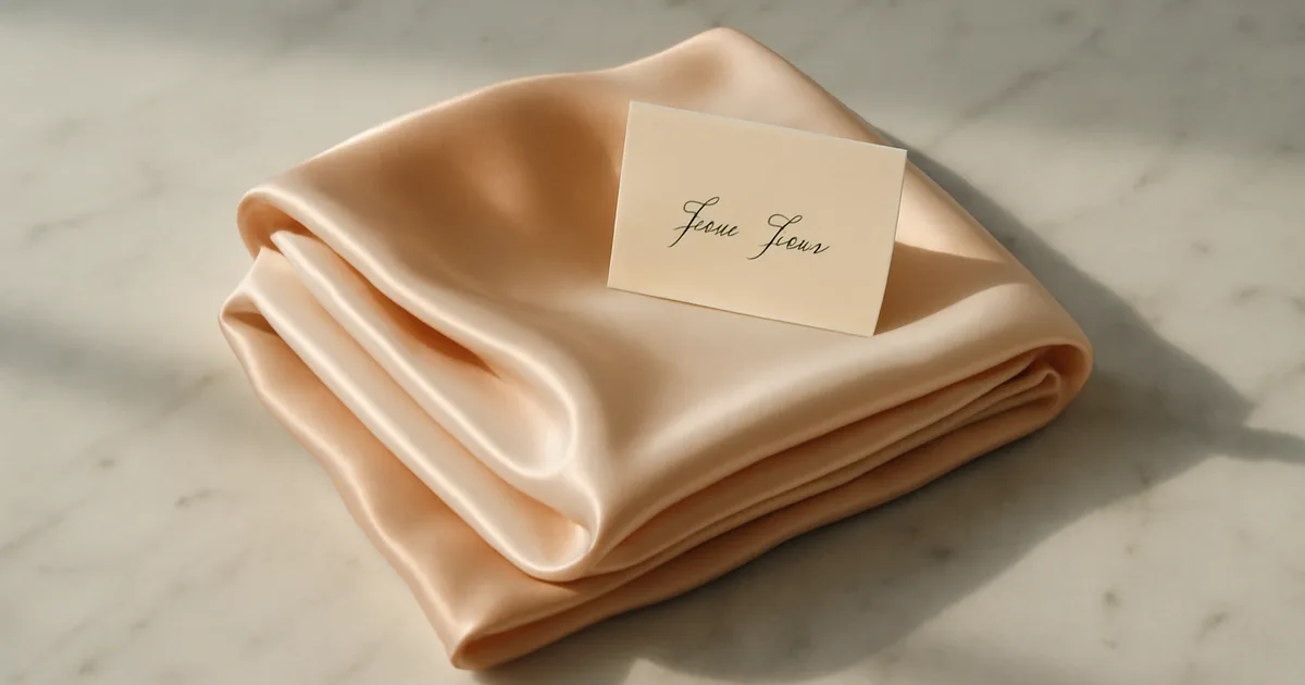 A folded silk scarf in peach tones with a gift card on white marble surface