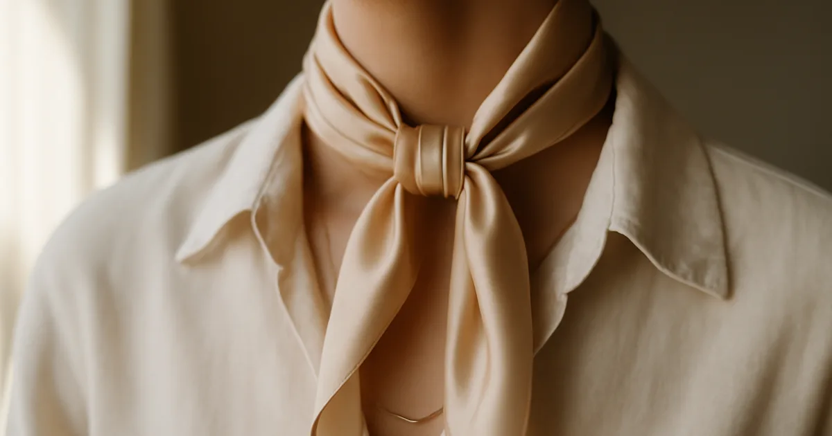 Person wearing a silk scarf in a loose classic neck tie over a linen shirt