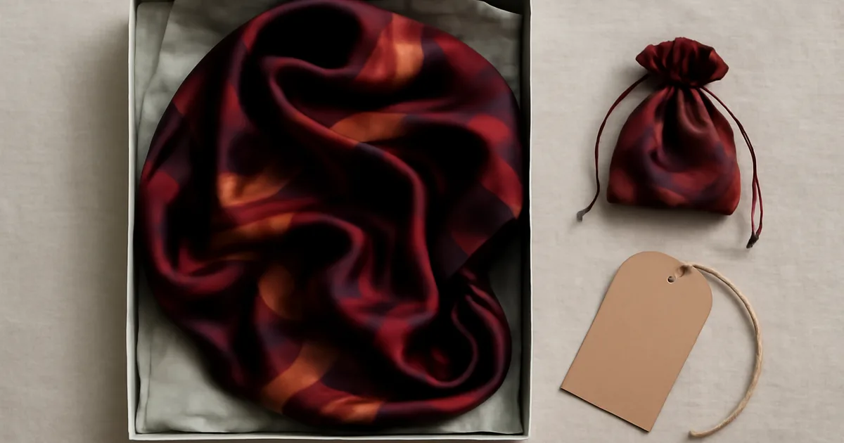 Wine-red silk scarf inside a tissue-lined gift box with a fabric pouch and gift tag