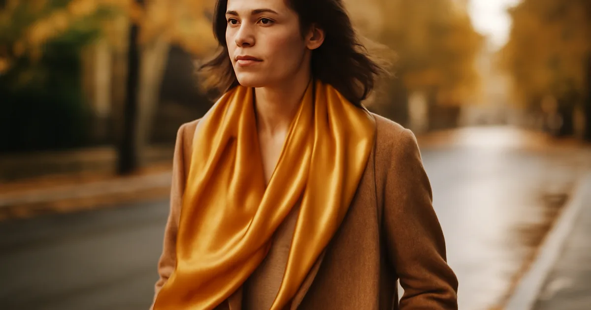 Person wearing a silk scarf as a wrap over a camel coat on an autumn street