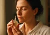 Person inhaling a fragrance from a glass bottle, eyes closed, evoking scent memories in warm natural light