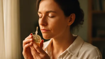 Person inhaling a fragrance from a glass bottle, eyes closed, evoking scent memories in warm natural light