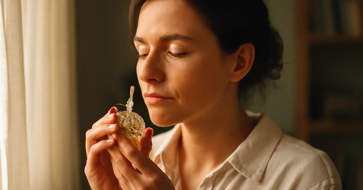 Person inhaling a fragrance from a glass bottle, eyes closed, evoking scent memories in warm natural light